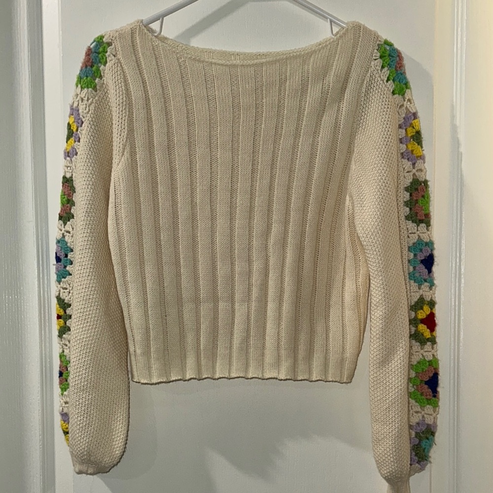 NWT - Cream Knit Sweater with Multicolor Crochet Accents
